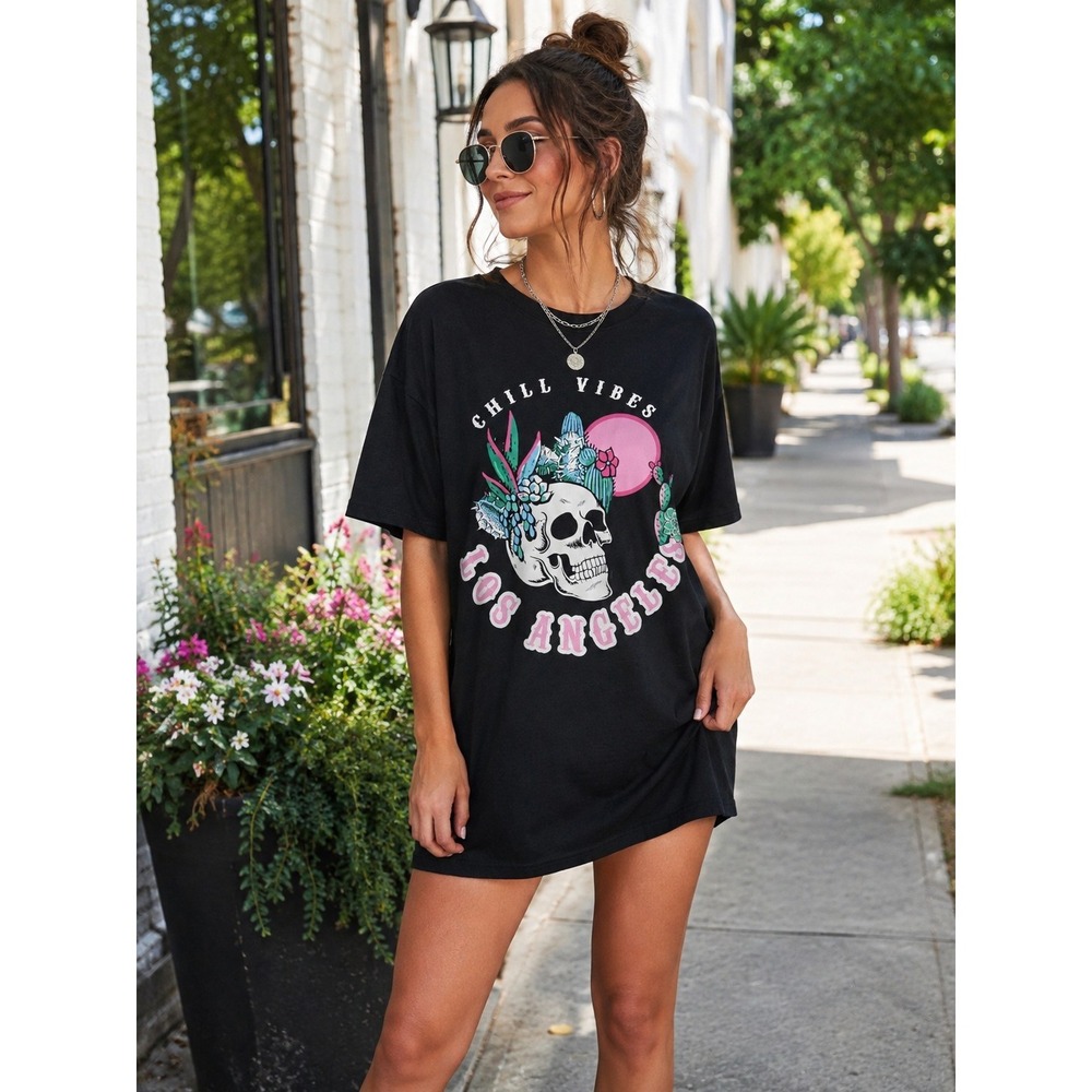 Rue21 M Chill Vibes Los Angeles Skull Cactus Graphic T-Shirt Dress Black